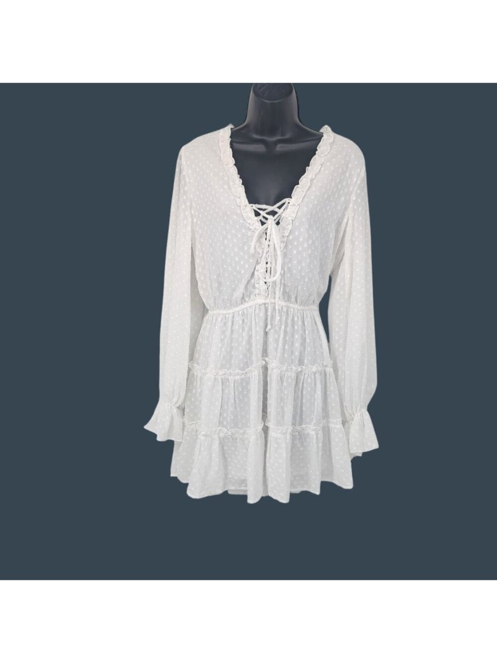 Venus Mini Dress Swiss Dot Lace Up Tiered Ruffle Romantic Coquette Sheer Medium